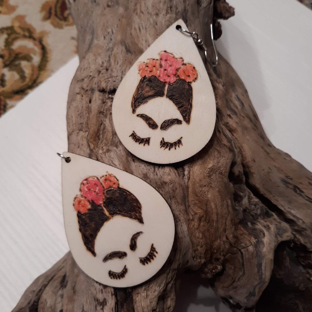 Wood Burned Frida Kahlo Wooden earrings